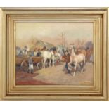 Signed G Berghauer, scene with horses, many people