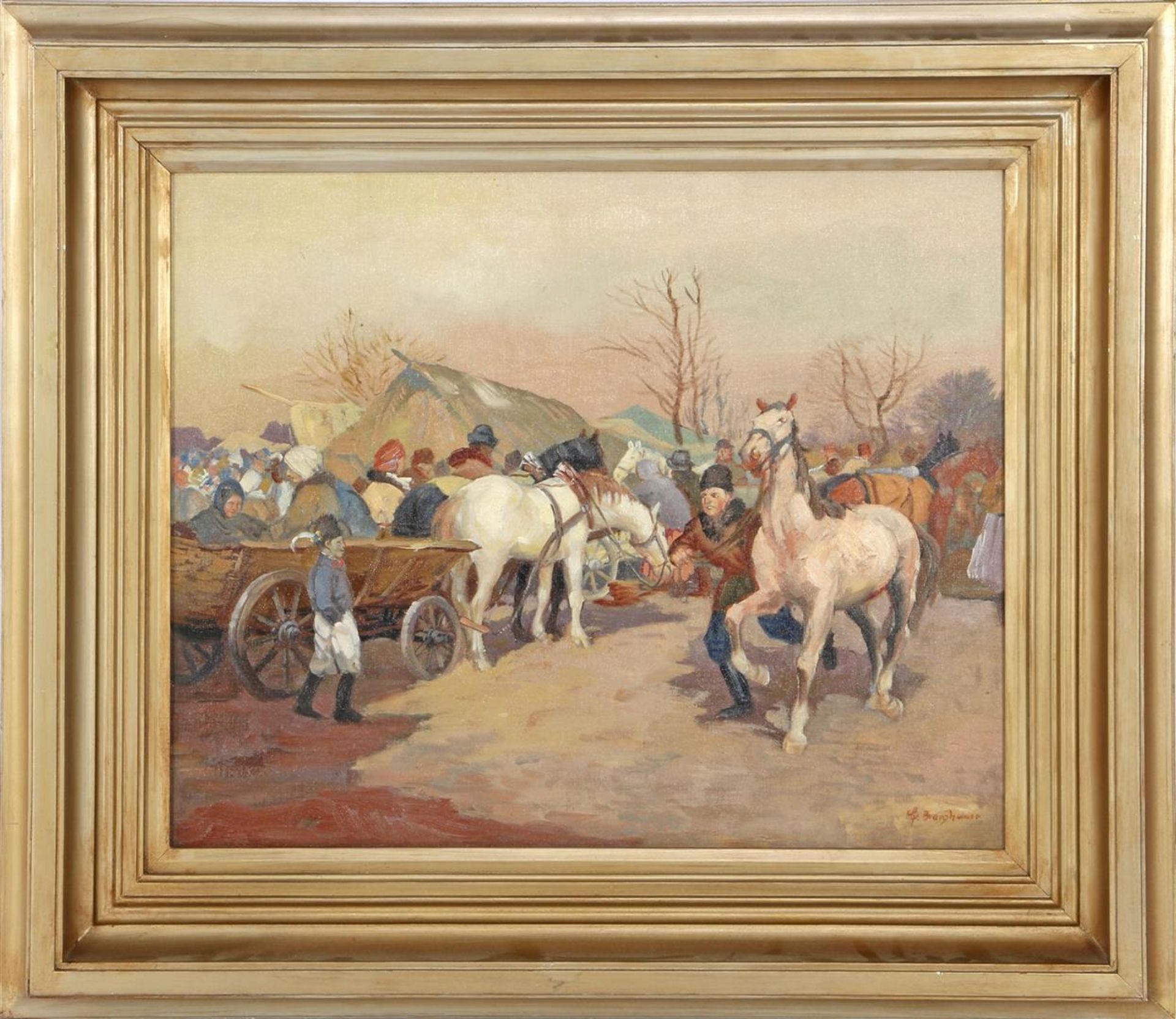 Signed G Berghauer, scene with horses, many people