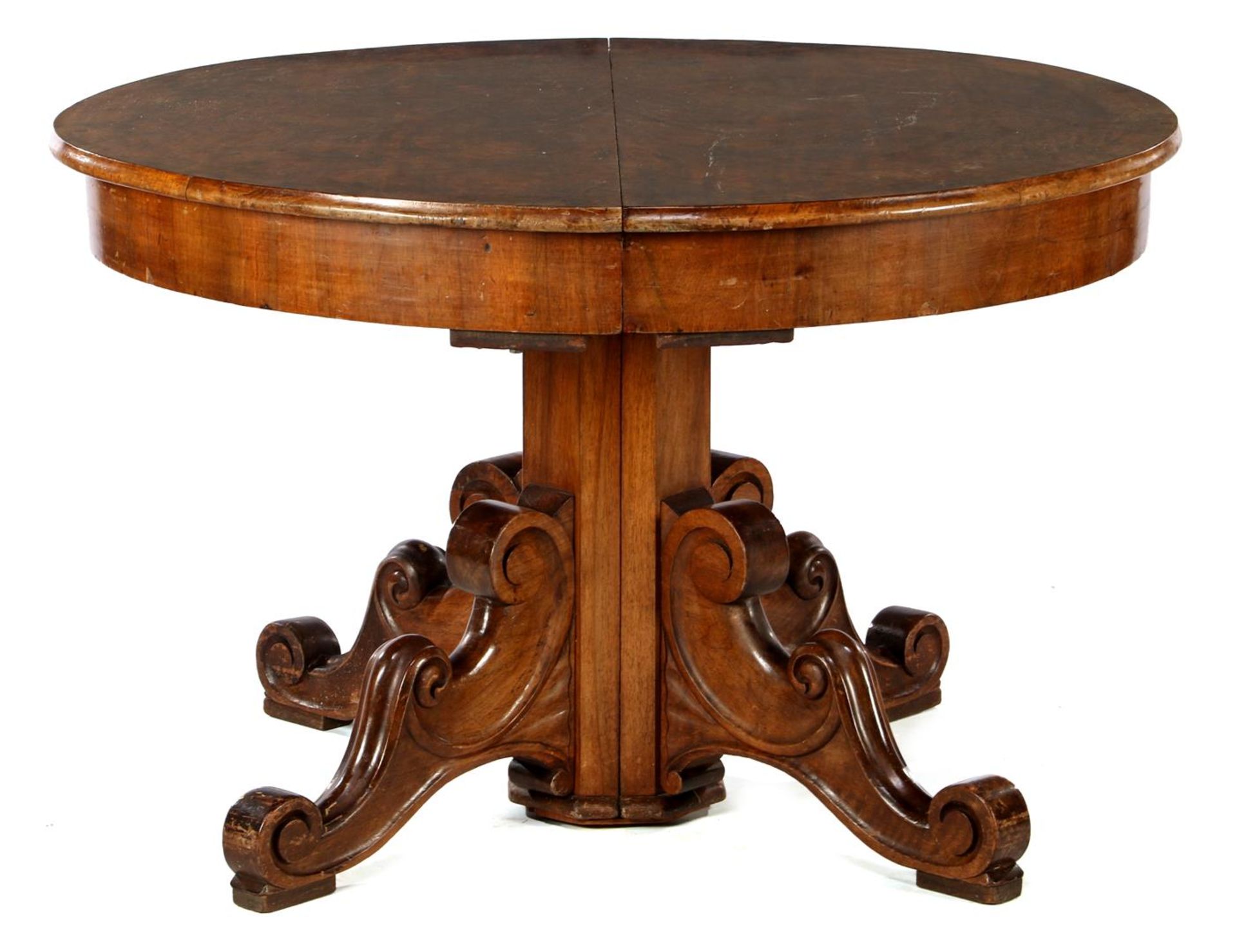 Burr walnut veneer column leg table