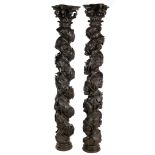 2 oak richly decorated Solomon columns