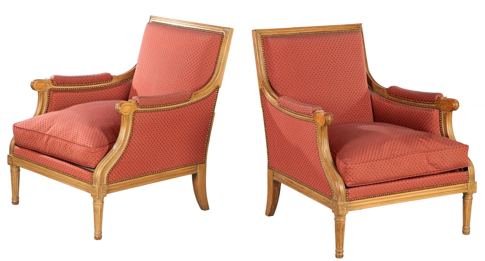 2 decorated walnut armchairs in Louis XVI style