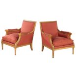 2 decorated walnut armchairs in Louis XVI style