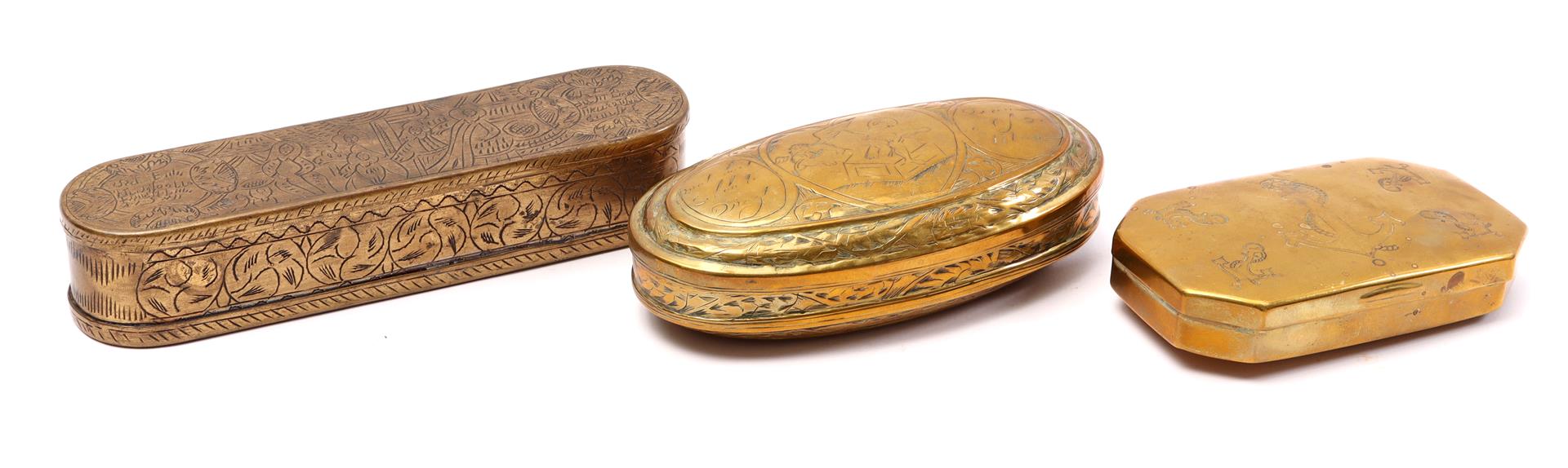 3 brass tobacco boxes with engraved decoration