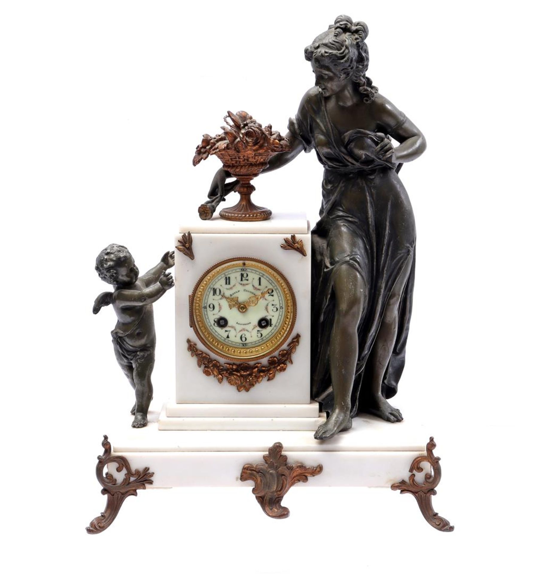 French marble mantel clock with zamak sculpture