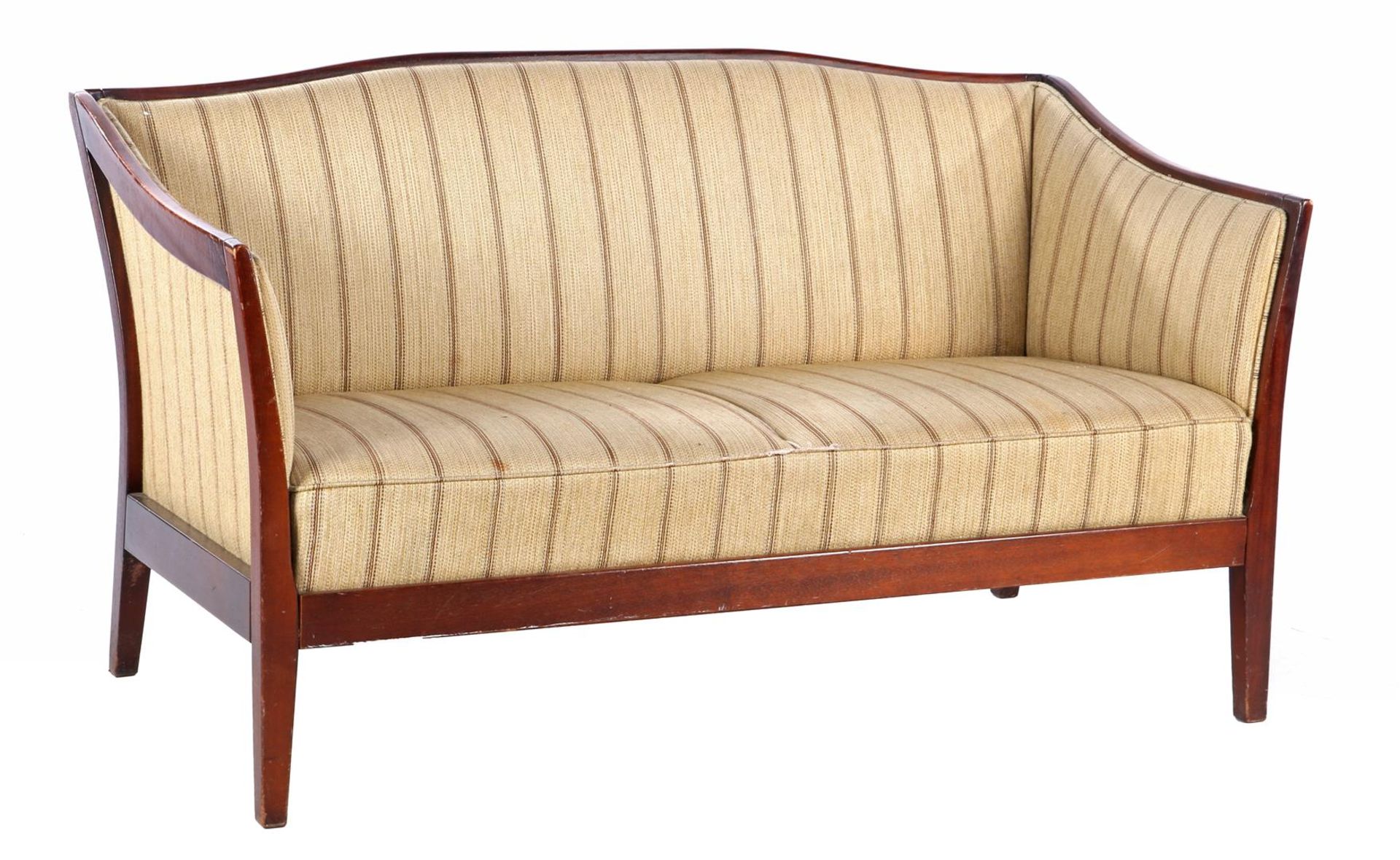 Teak 2-seater sofa with striped upholstery