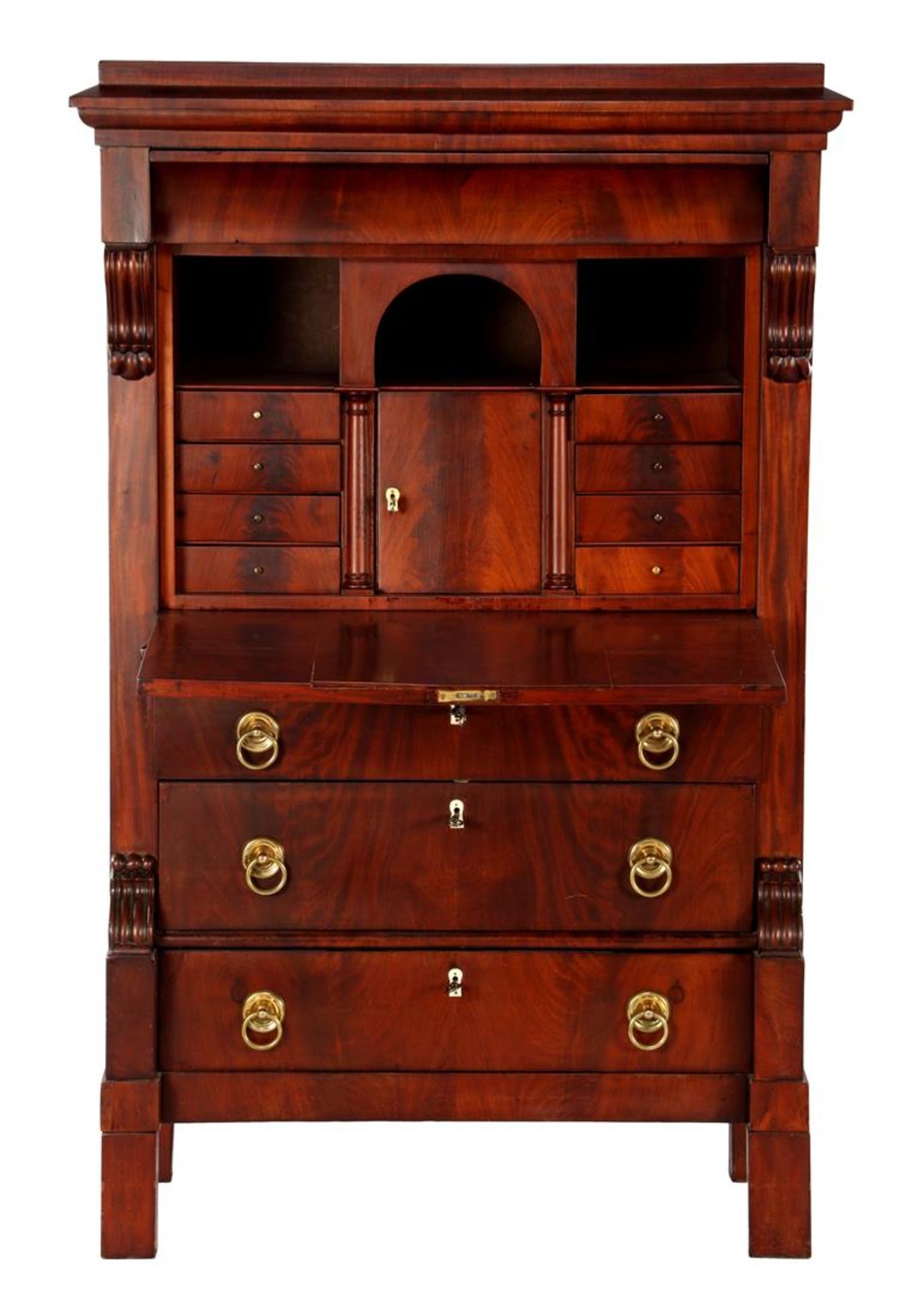 Mahogany veneer on oak flap desk with 4 drawers