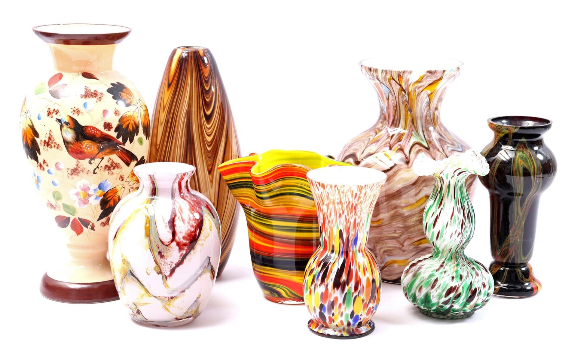 8 colored glass vases