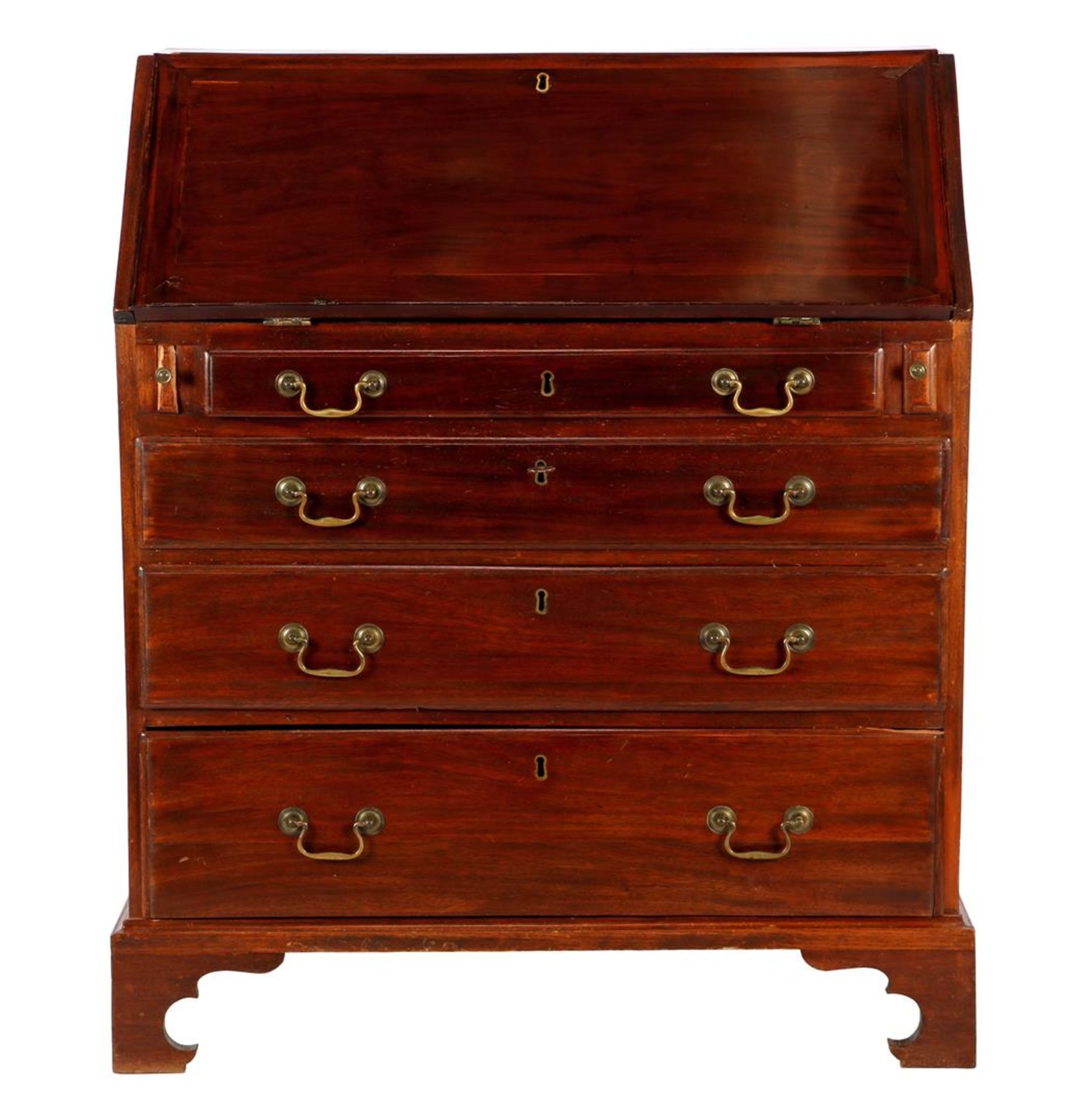 Mahogany veneer on oak English 4-drawer flap desk - Image 2 of 4