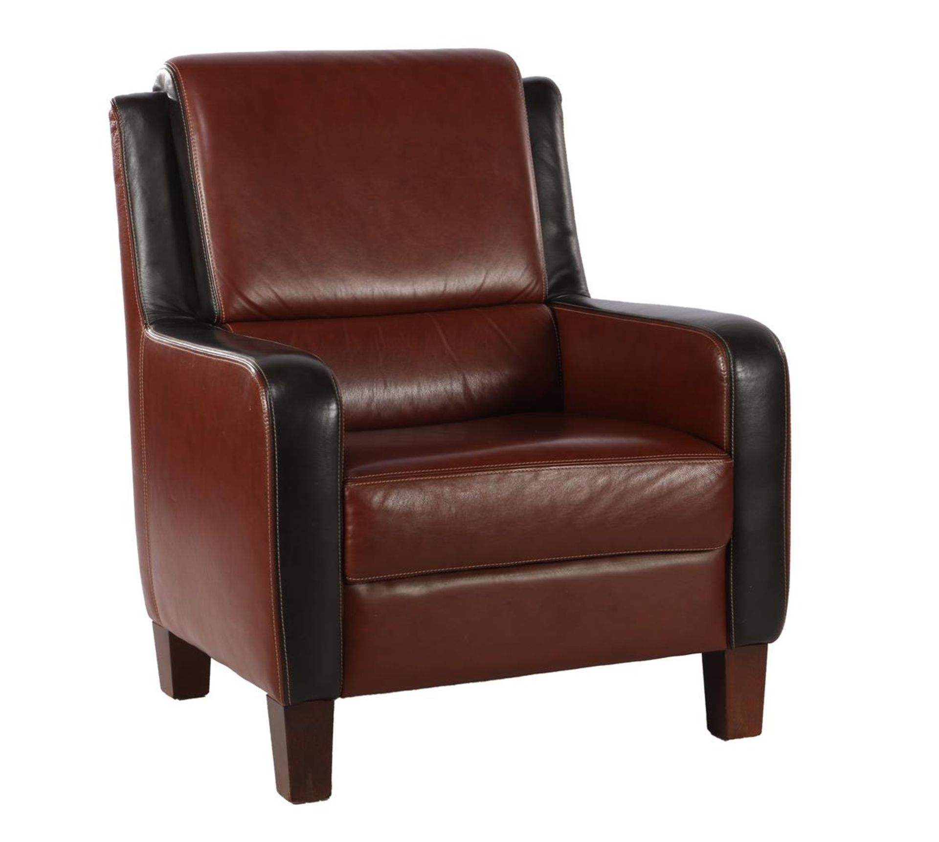 Brown leather armchair with dark brown accents