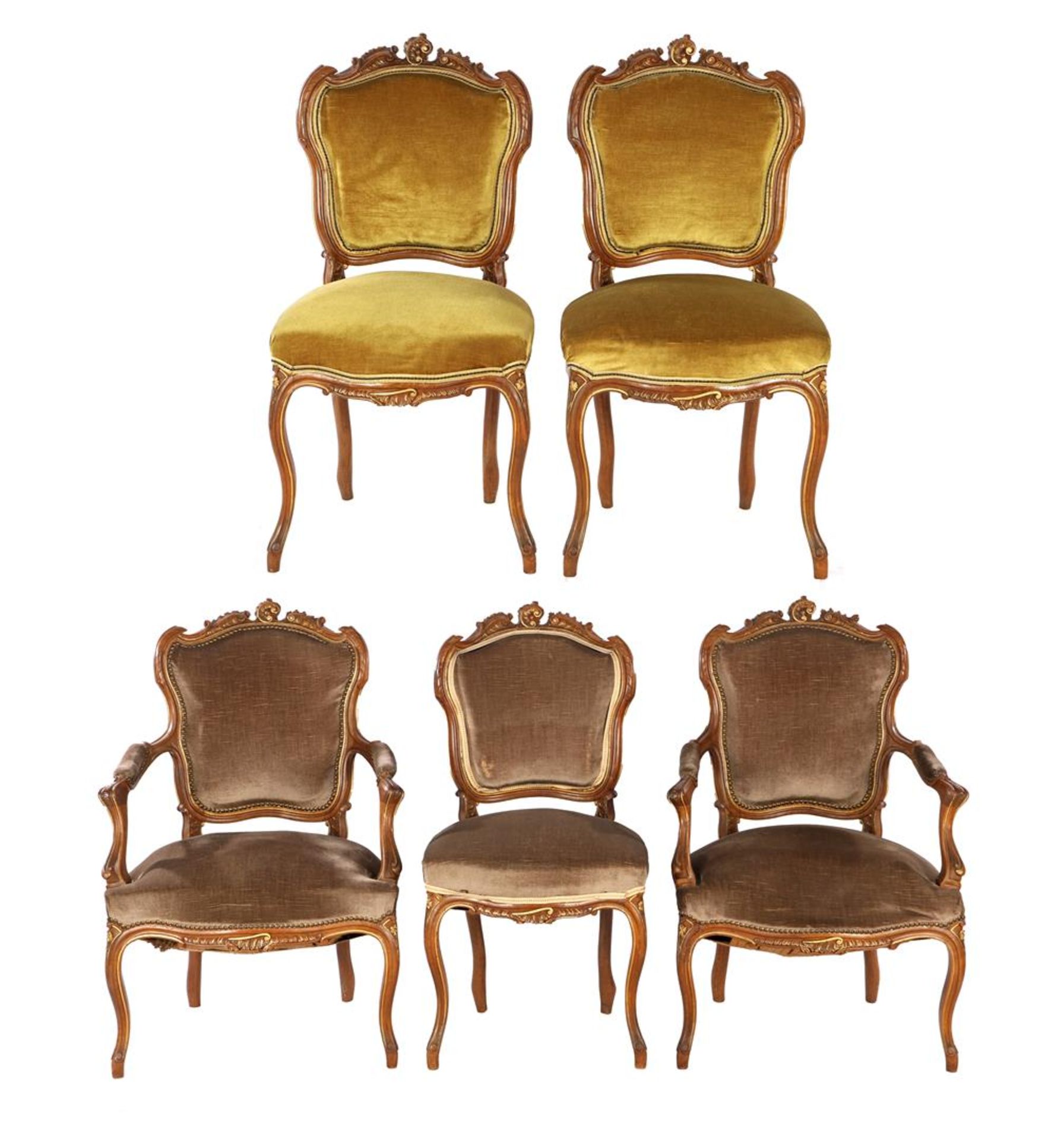 5 walnut Louis Quinze style dining room chairs