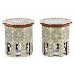 2 octagonal wooden side tables richly inlaid