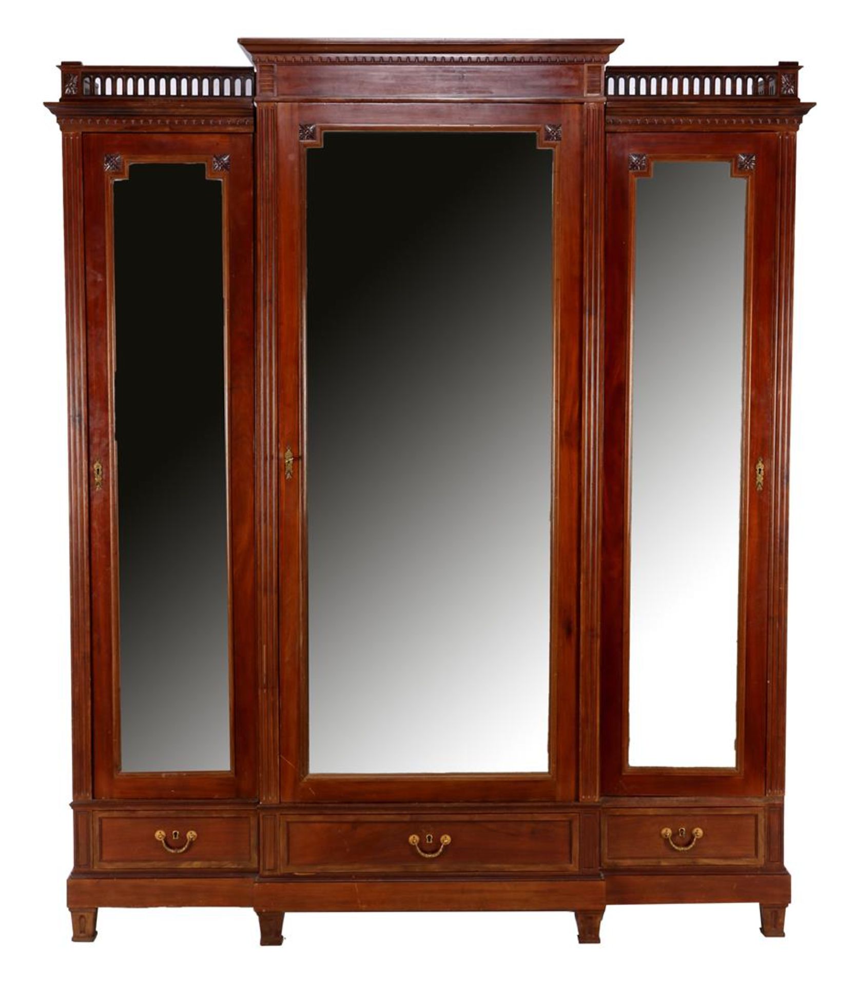 Mahogany veneer on oak Louis Seize style 3-door cabinet 