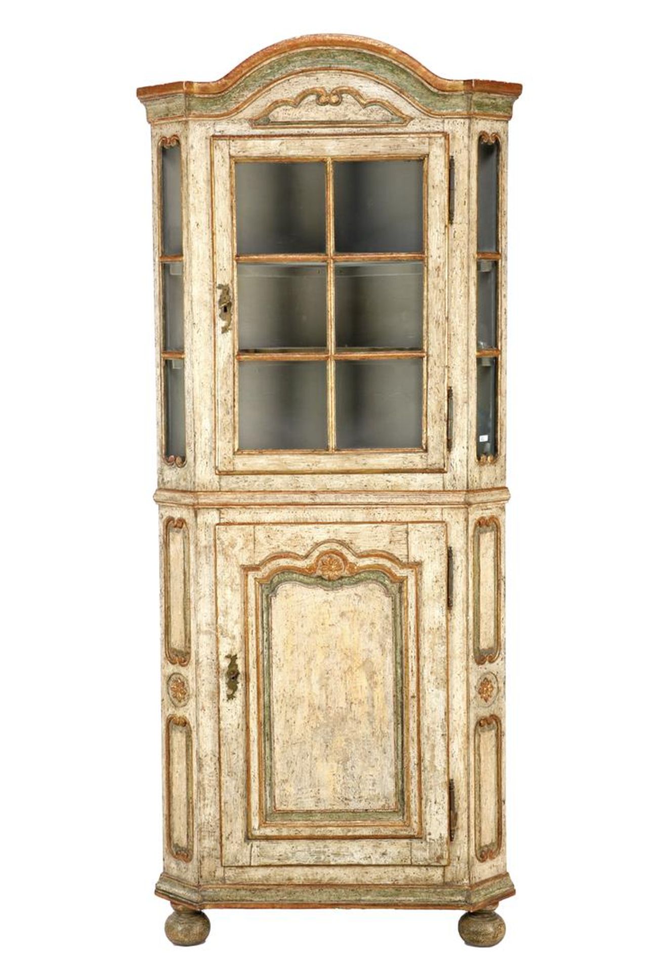 Oak-fired and polychrome colored 2-part corner cupboard 