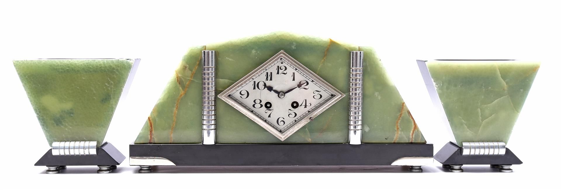 Onyx and natural stone Art Deco mantel clock set