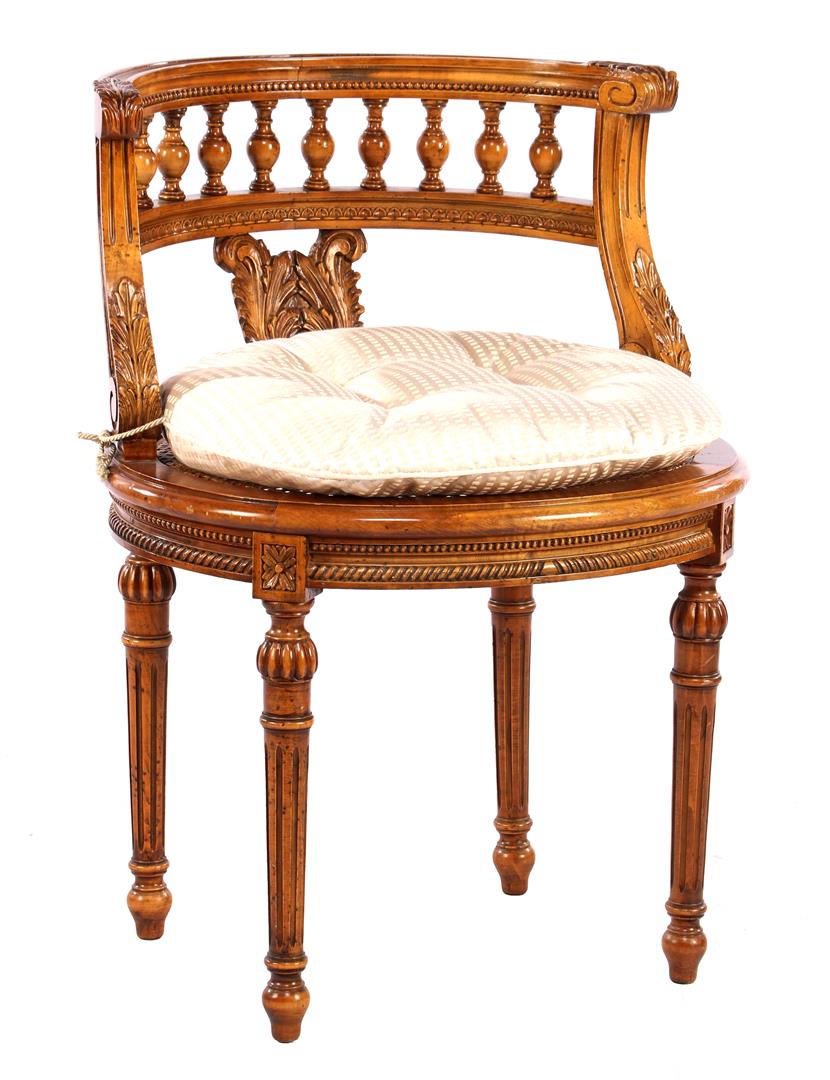 Nut color chair with richly decorated and curved backrest