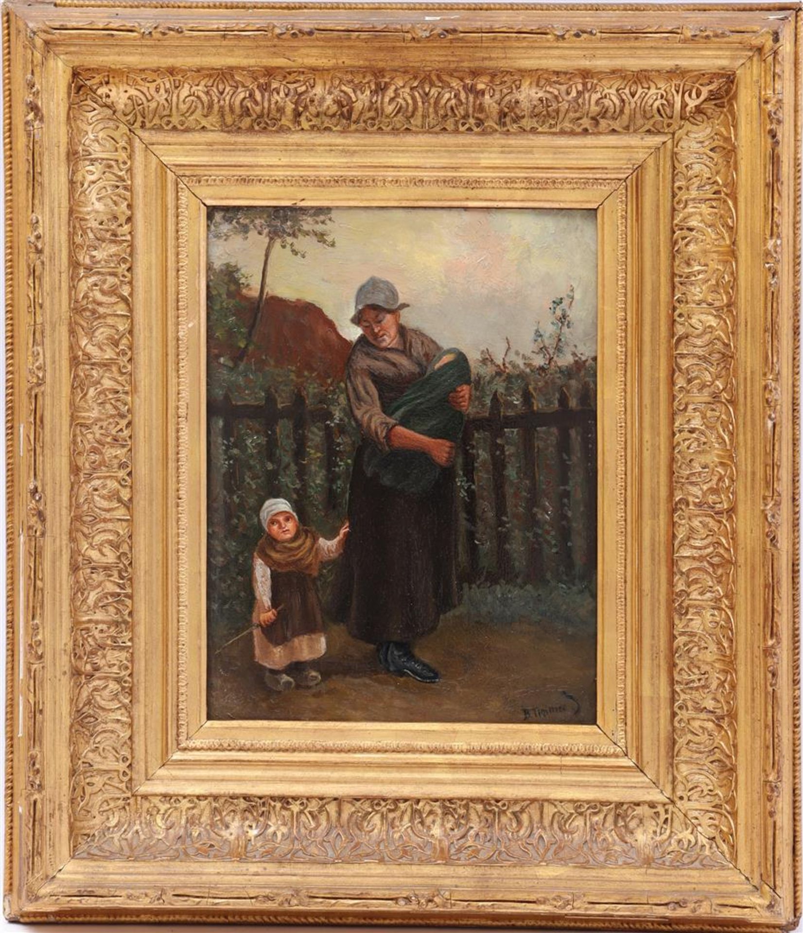 Unclearly signed, mother with children at fence