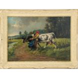 Unclearly signed, farmer's wife with cow
