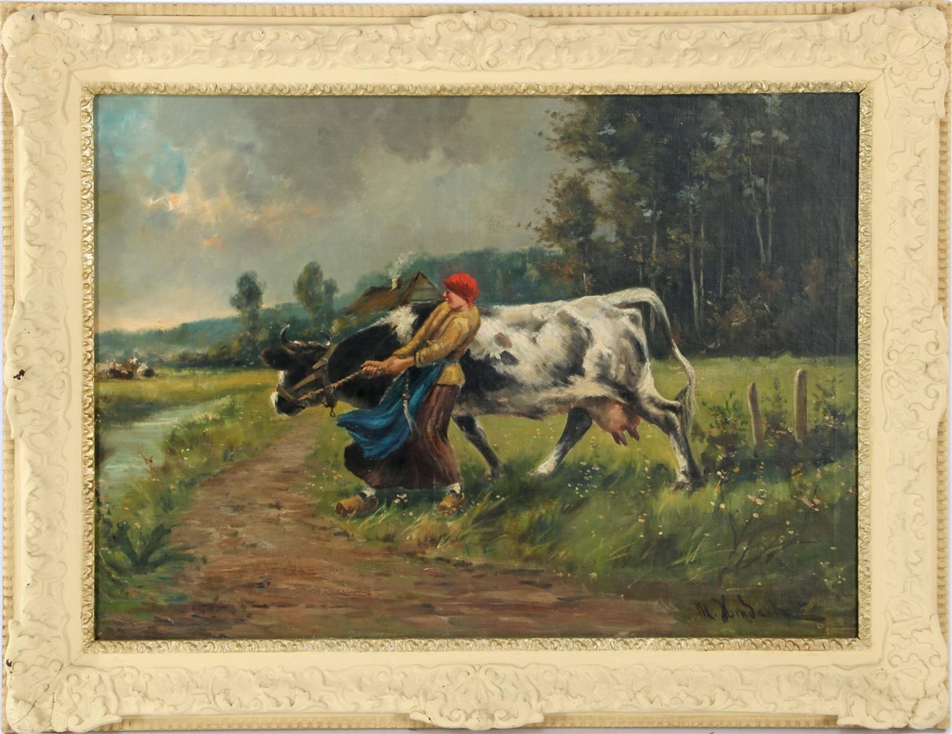 Unclearly signed, farmer's wife with cow 