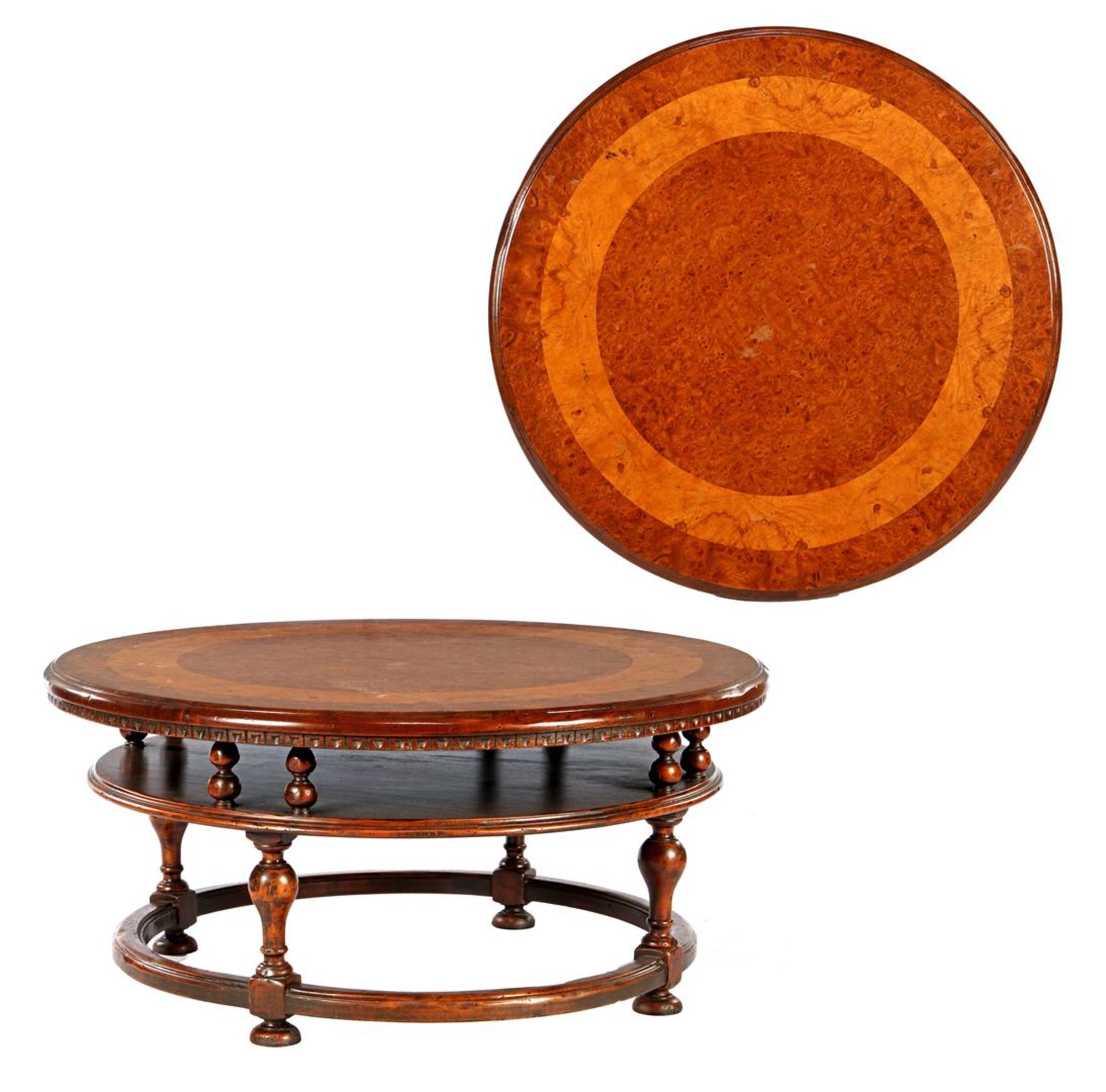 Round walnut with burr walnut coffee table 