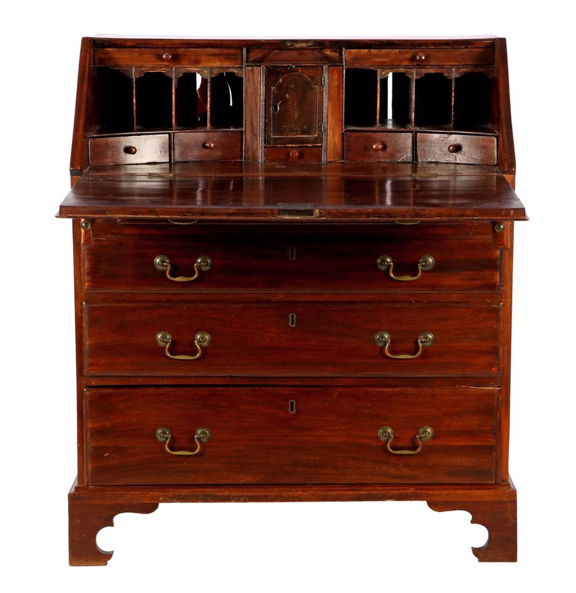 Mahogany veneer on oak English 4-drawer flap desk