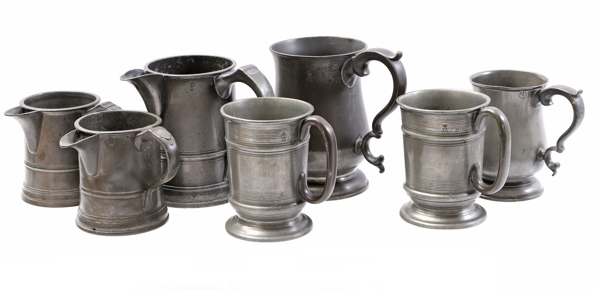 7 English pewter drinking cups