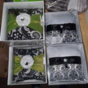 X 5 NEW & INDIVIDUALLY BOXED 7'' BLACK/GREEN & BLACK/WHITE RING PILLOWS.