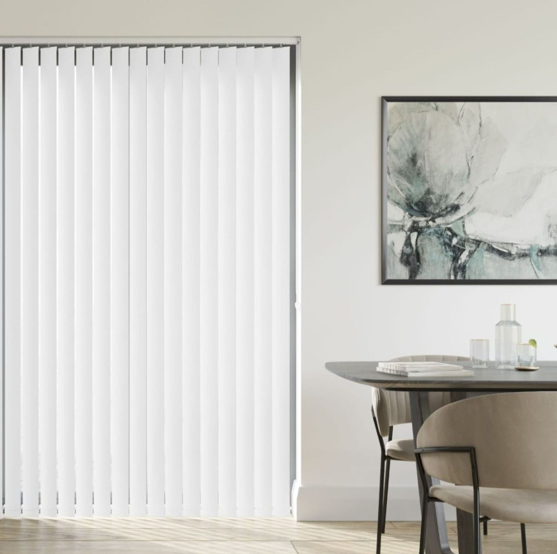 WHITE VERTICAL BLIND -COMPLETE WITH POLE & FITTINGS SIZES: 300 X 260 TOTAL RRP £165 - IMAGES ARE FOR