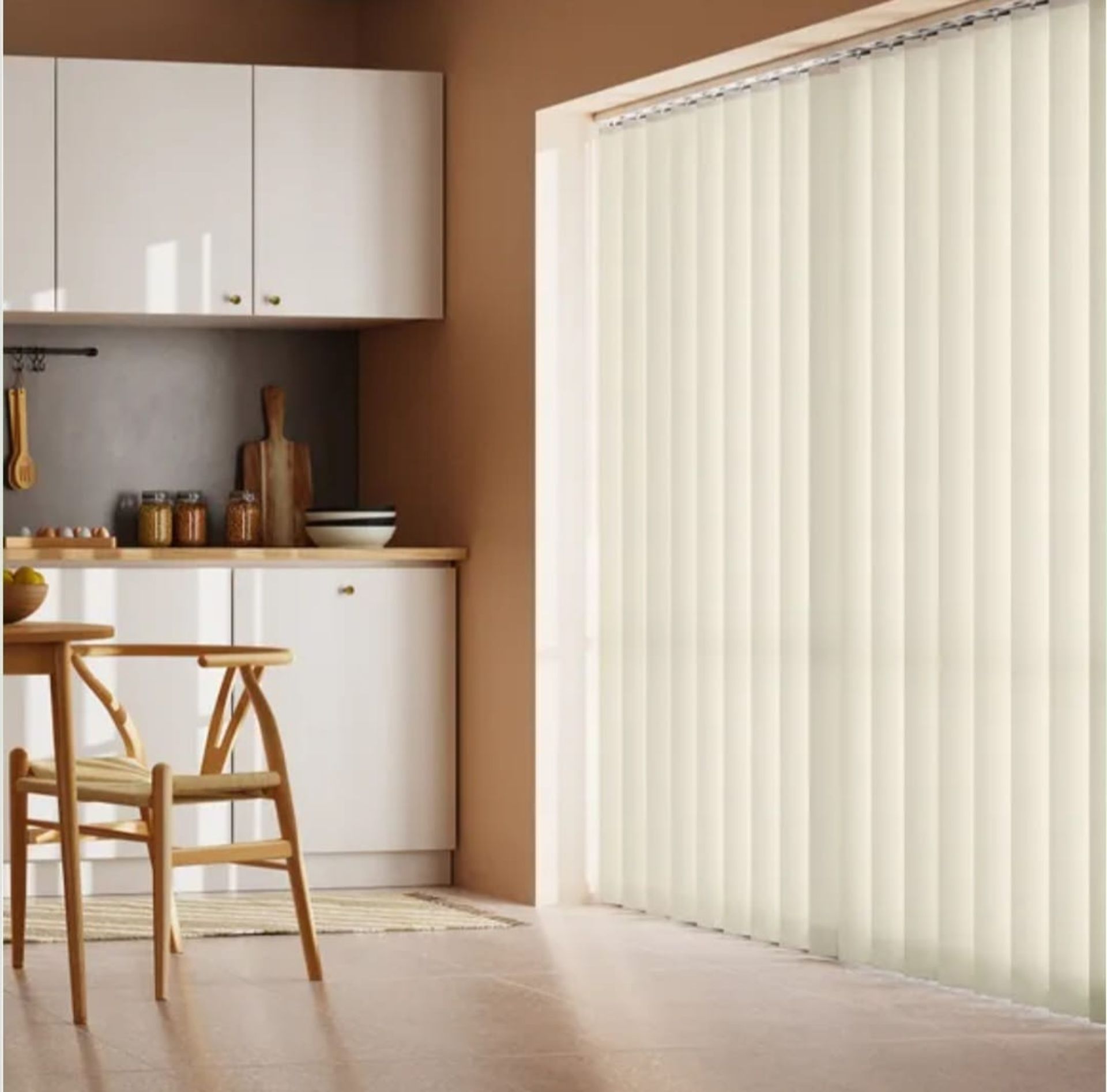 CREAM VERTICAL BLIND -COMPLETE WITH POLE & FITTINGS SIZES: 300 X 260 TOTAL RRP £165 - IMAGES ARE FOR