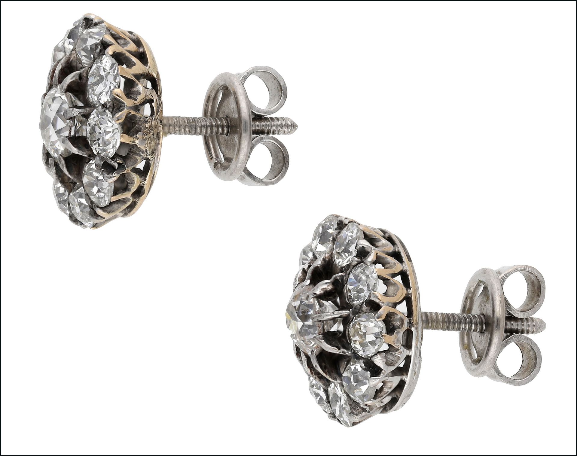 A pair of diamond cluster ear studs, set throughout with old round brilliant-cut diamonds, total - Image 2 of 3