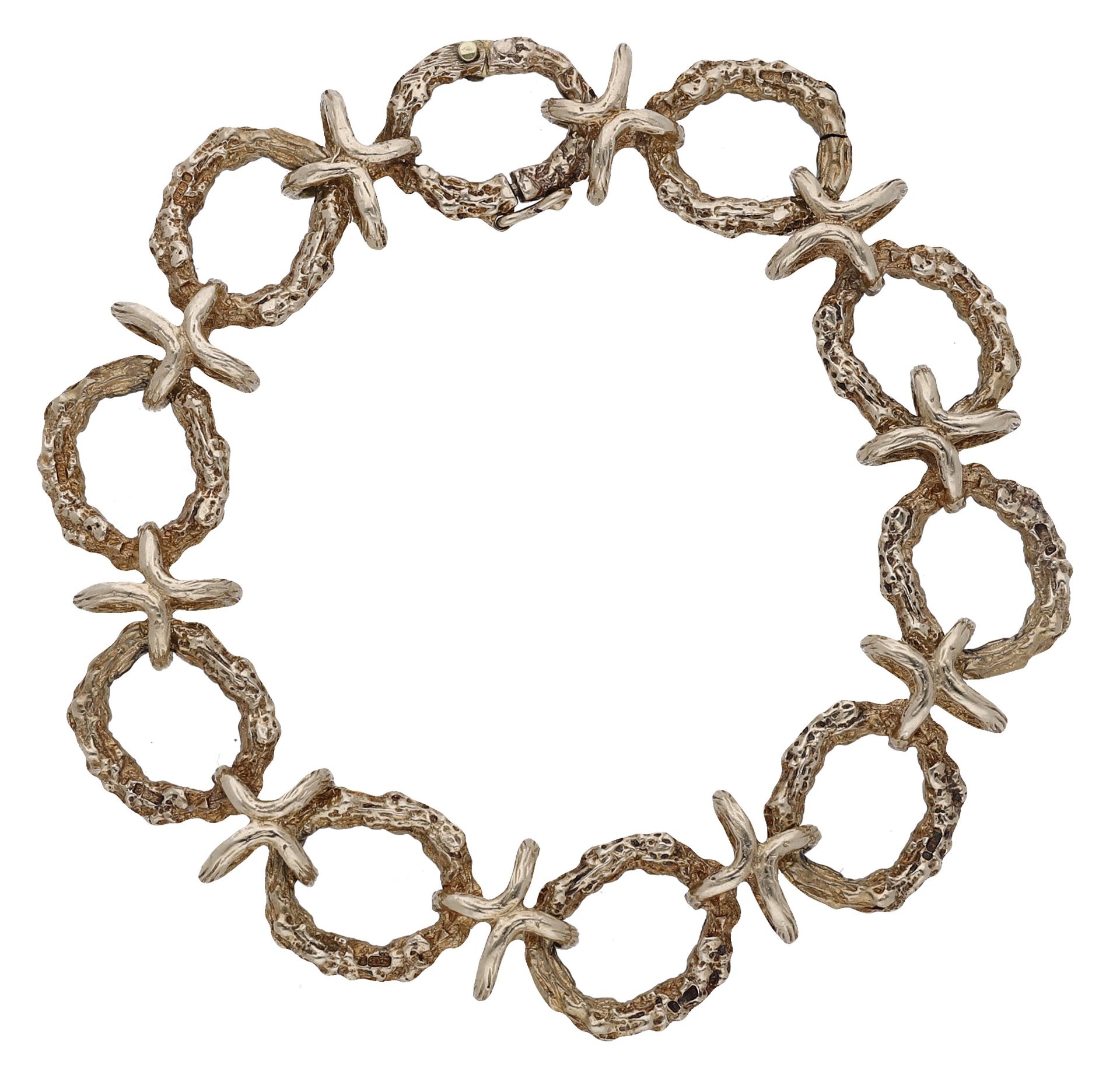 A 9ct gold bracelet, 1972, designed as a series of textured links alternating with cross-shaped m...