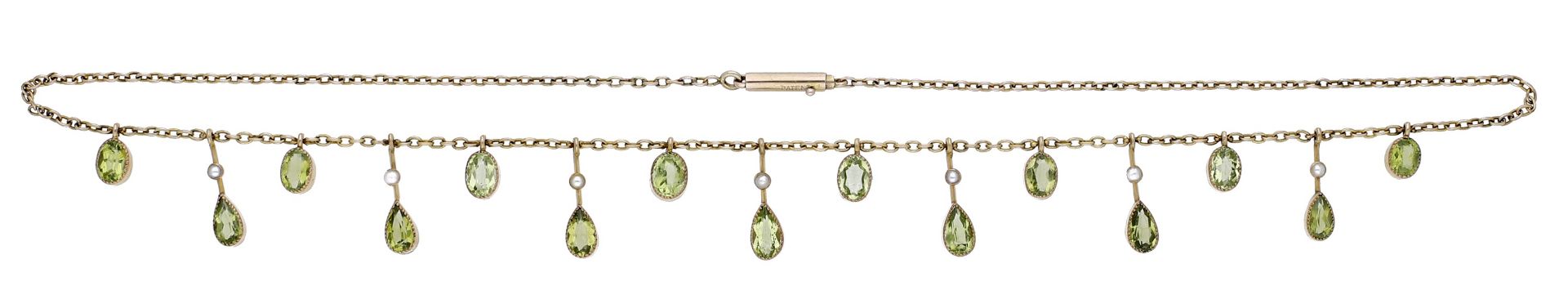 An early 20th century peridot and seed pearl fringe necklace, the belcher-link chain suspending k... - Image 2 of 4