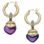 A pair of 18ct gold convertible amethyst earrings, comprising a heart-shaped amethyst cabochon dr...