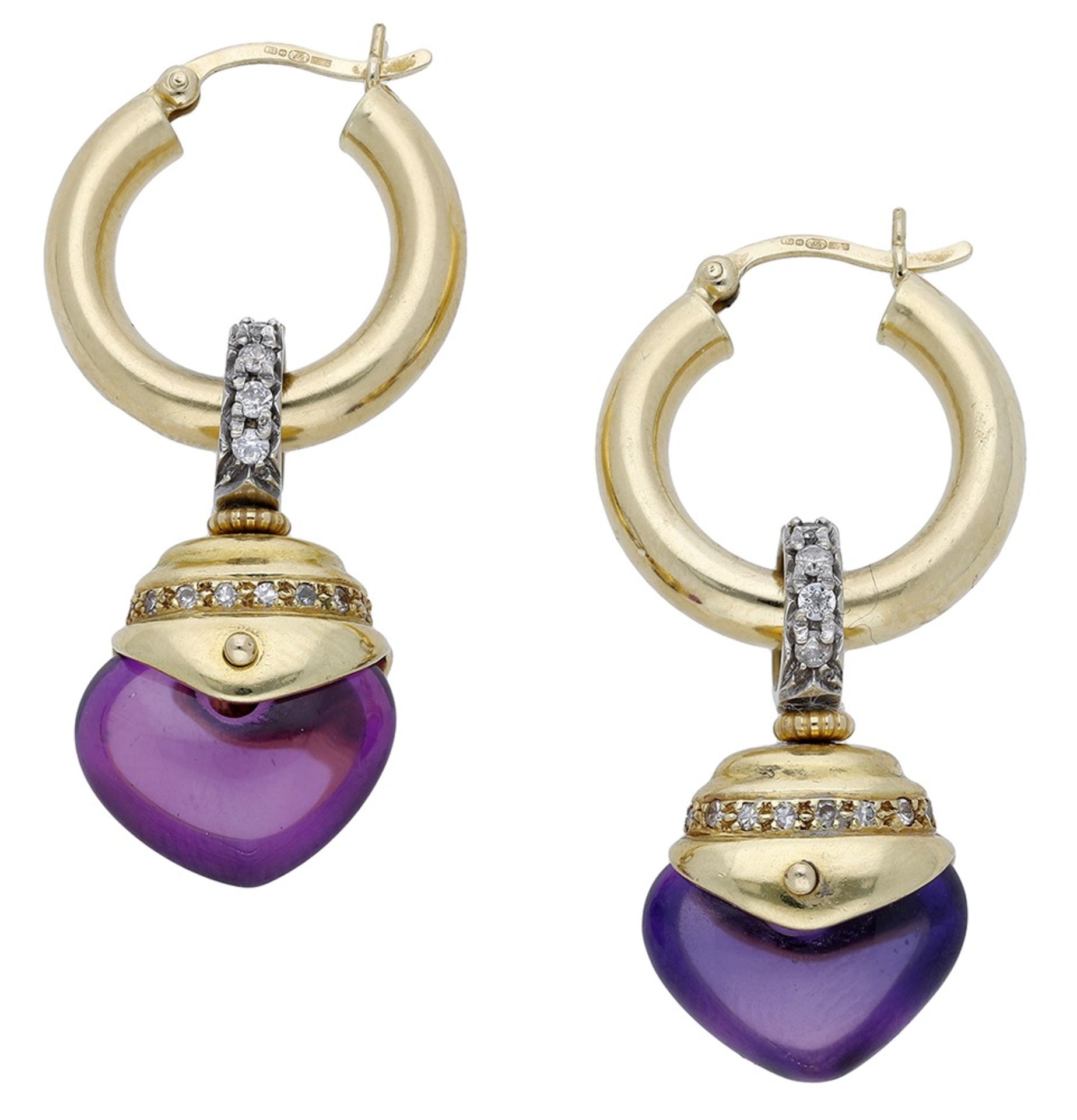 A pair of 18ct gold convertible amethyst earrings, comprising a heart-shaped amethyst cabochon dr...