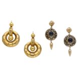 Two pairs of 19th century gold earrings, the first pair designed as interlocking hoops with bead...