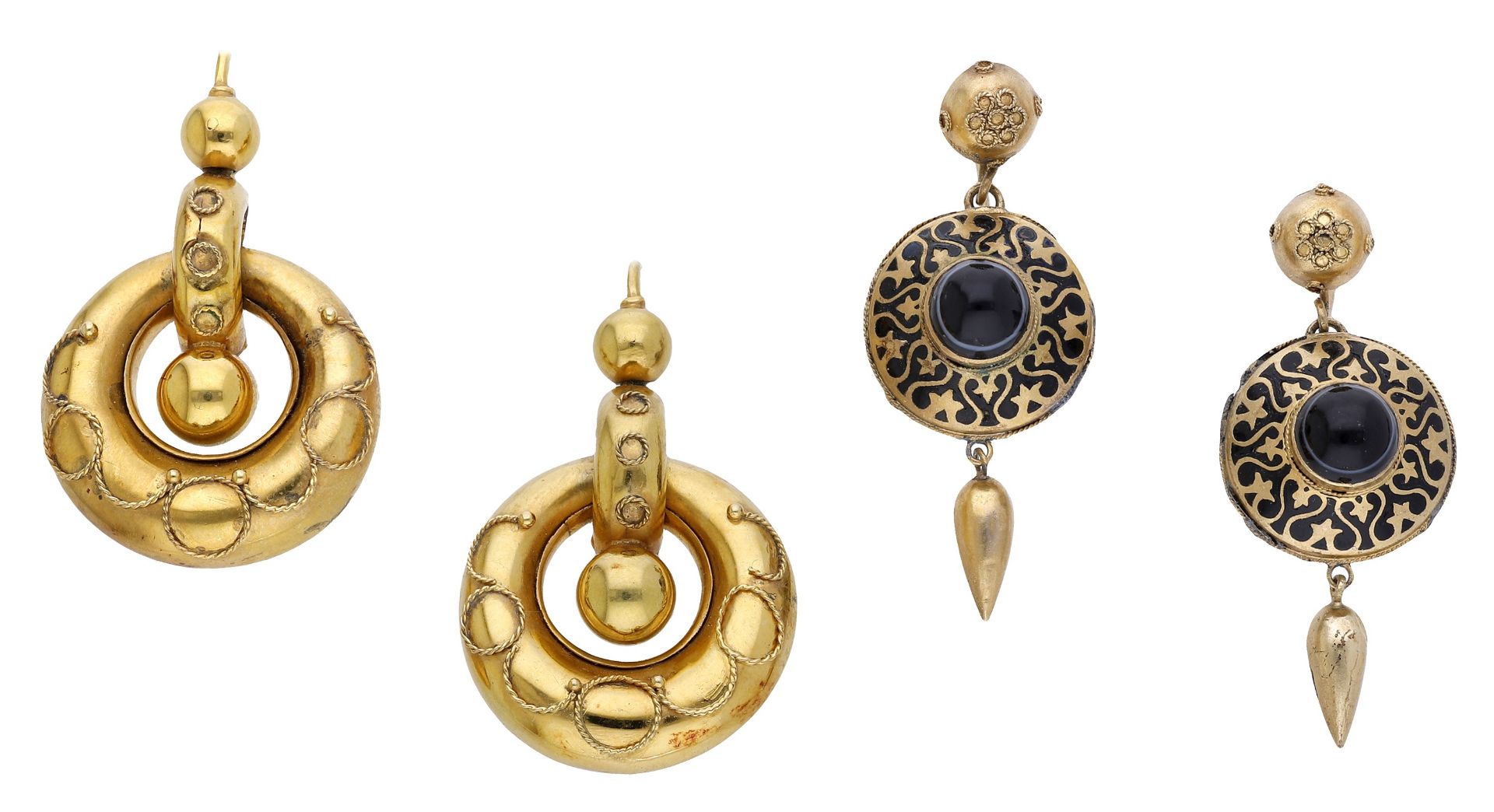 Two pairs of 19th century gold earrings, the first pair designed as interlocking hoops with bead...