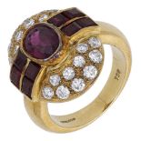 A ruby and diamond ring by Vildiridis, the brilliant-cut diamond panel cllet-set with an oval mix...