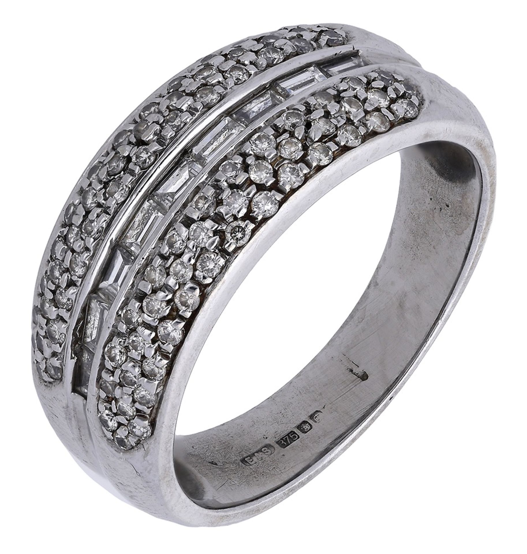 A diamond dress ring, the tapered band pavÃ©-set to the front with brilliant-cut diamonds, spaced...
