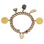 A gold charm bracelet, the curb-link bracelet with padlock clasp and suspending five charms compr...