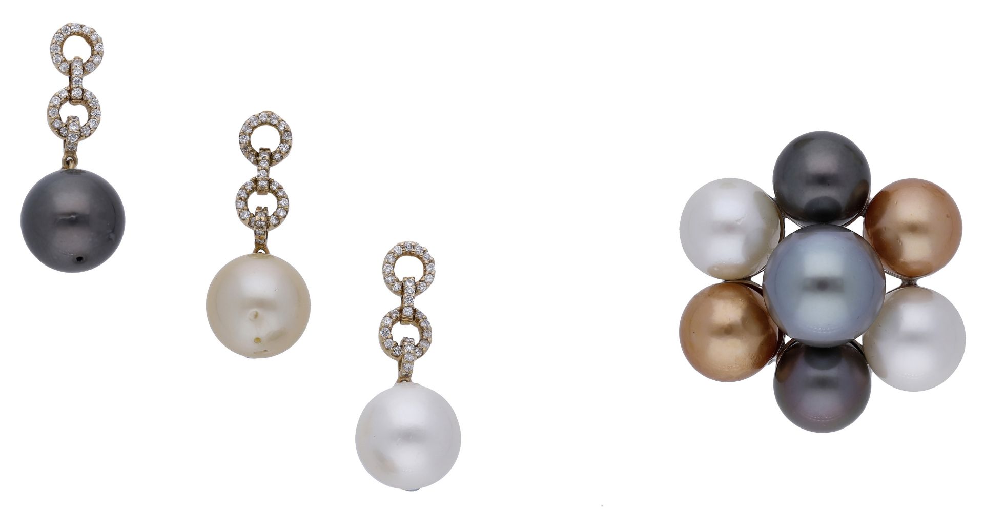 A cultured pearl brooch and interchangeable earring suite, the brooch of flowerhead design and se...