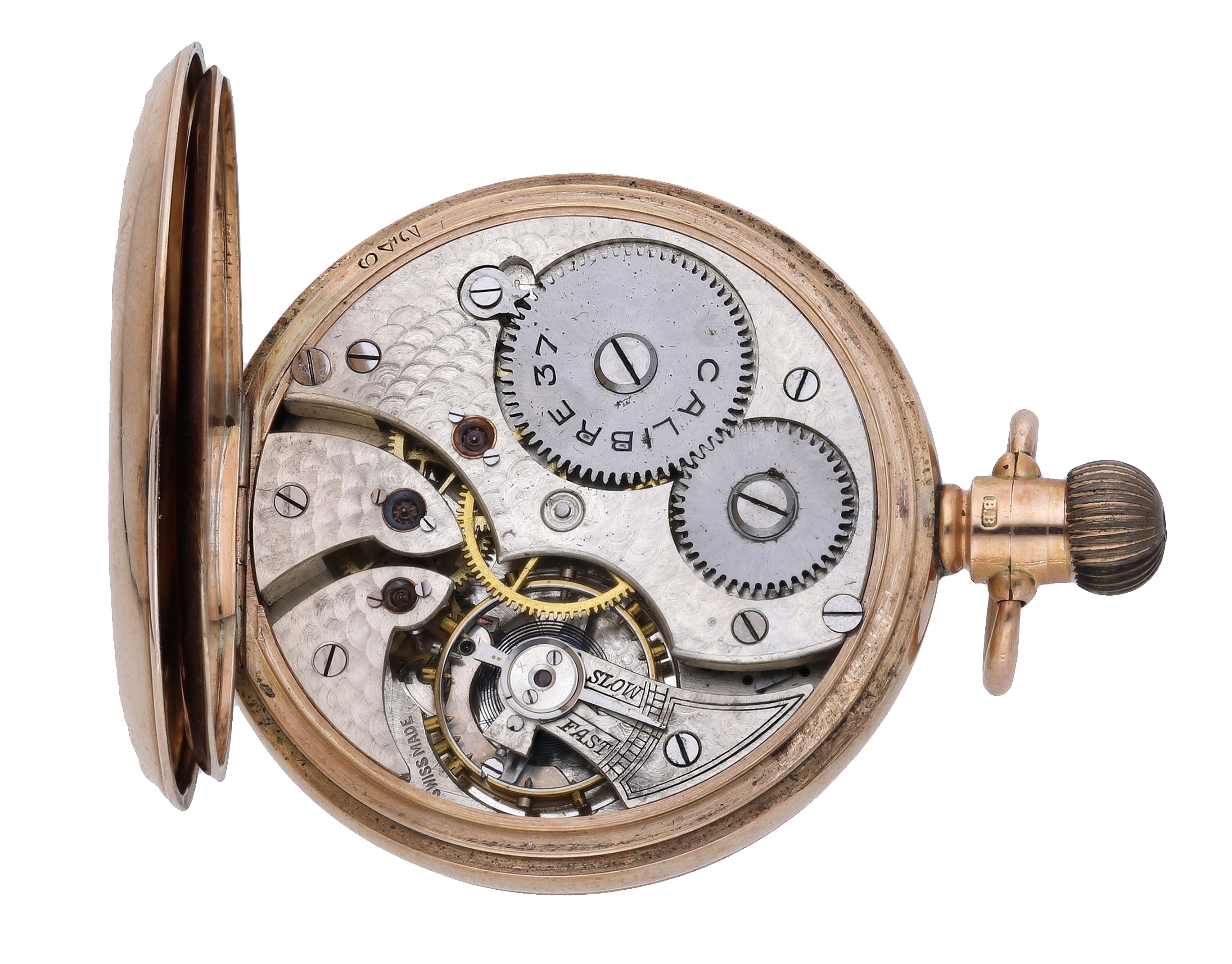 Swiss. A gold open-faced keyless watch with Albert chain, 1926. Movement: cal. 37, manual windin... - Image 3 of 5