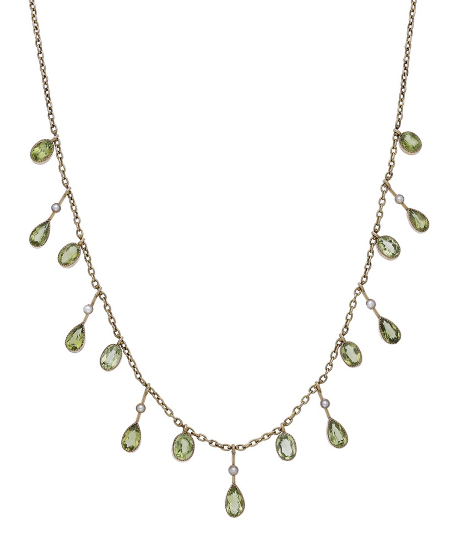 An early 20th century peridot and seed pearl fringe necklace, the belcher-link chain suspending k...