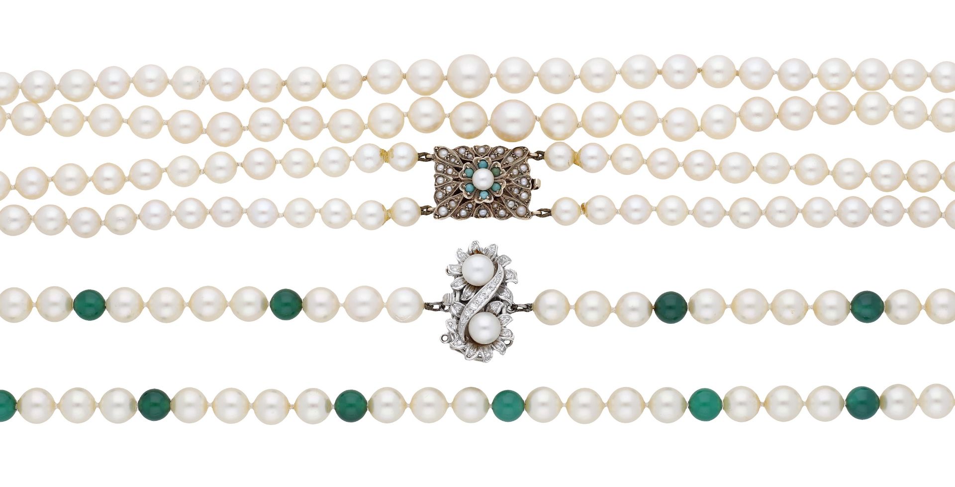 A cultured pearl necklace, the two rows of graduated cultured pearls to a 9ct gold clasp with a c...