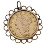 An American 20 dollar set pendant, the 1898 coin loose mounted within a border of ropetwist hoops...