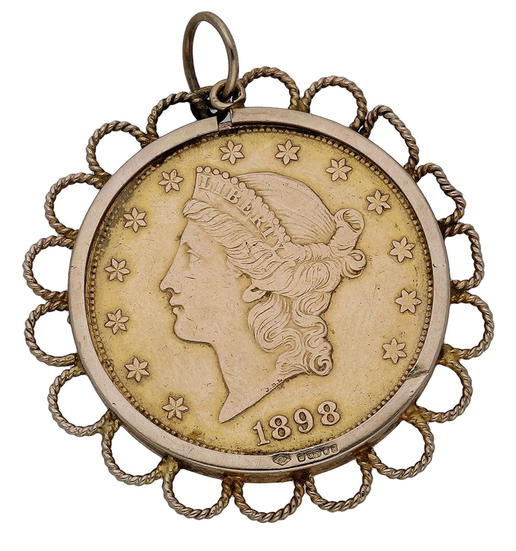 An American 20 dollar set pendant, the 1898 coin loose mounted within a border of ropetwist hoops...