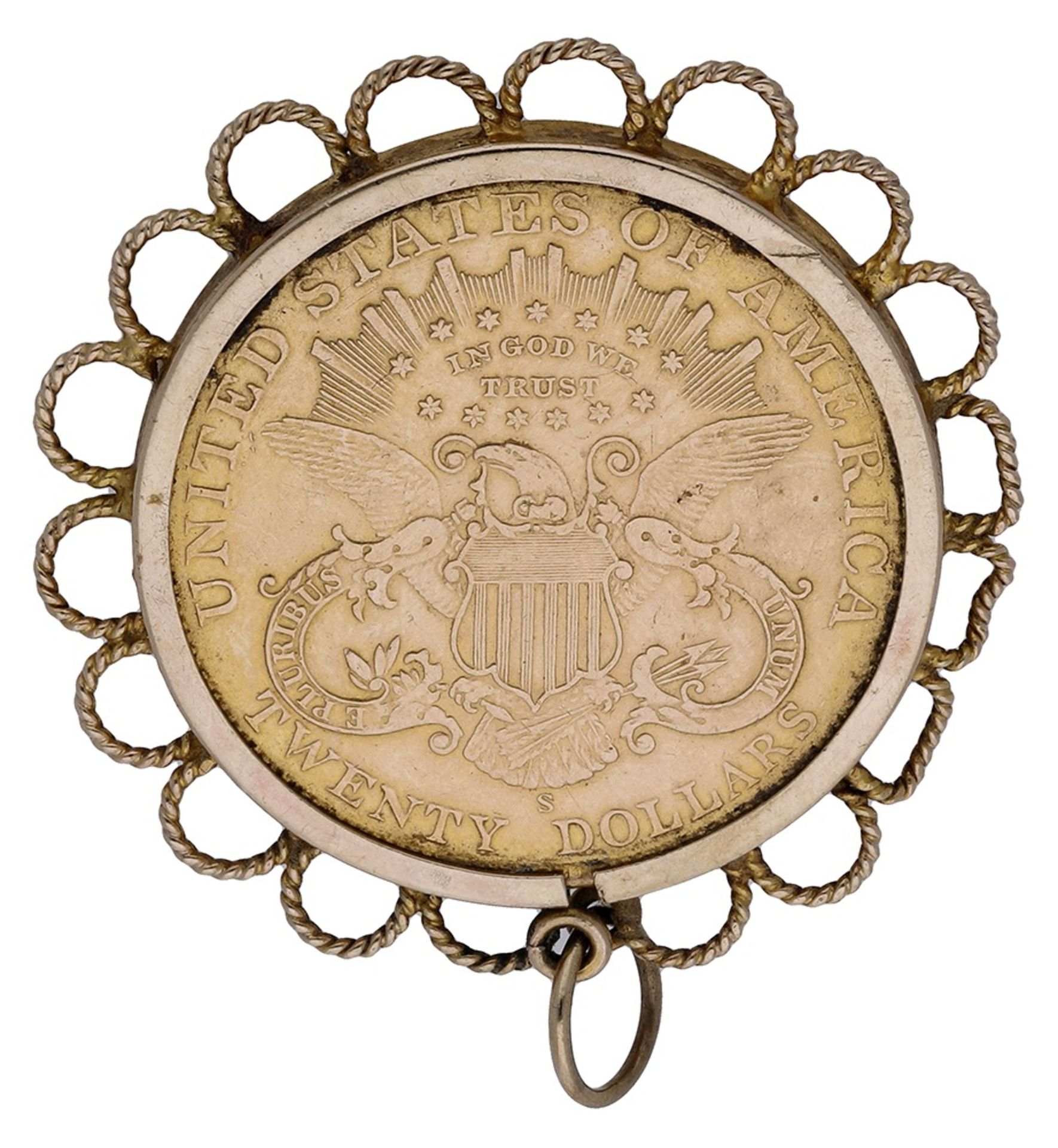 An American 20 dollar set pendant, the 1898 coin loose mounted within a border of ropetwist hoops... - Image 2 of 3