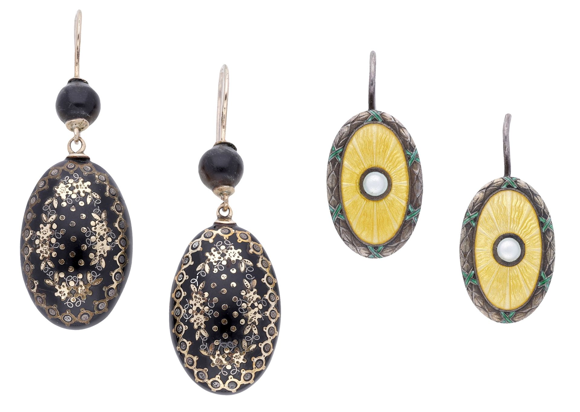 A pair of tortoiseshell piquÃ©work ear pendants and a pair of Norwegian silver and enamel ear pend..