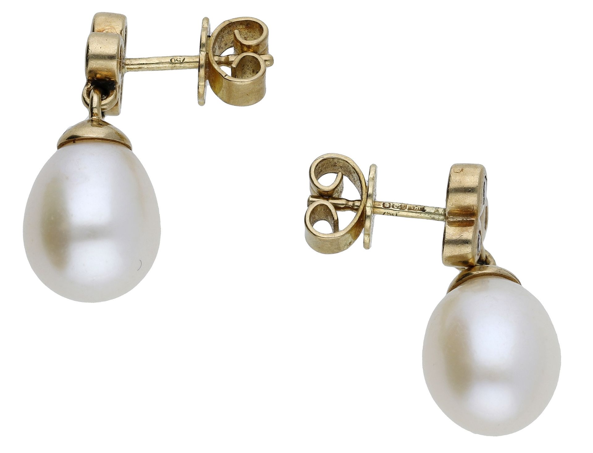 A pair of 18ct gold pearl and diamond earrings, the trefoil surmounts bezel set with brilliant-cu... - Image 2 of 3