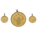 An Austrian coin set pendant and ear pendants, the pendant claw mounted with Franz Joseph I, 4 du...