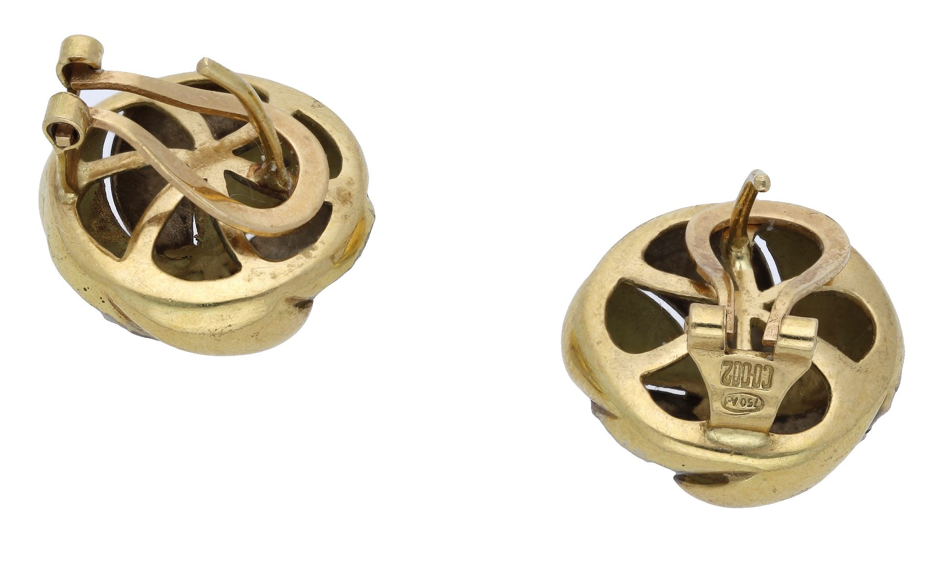 A pair of bicoloured earrings, of bombÃ© swirl design, stamped â€˜750â€™, length 17mm. Â£260-Â£300 - Image 2 of 3