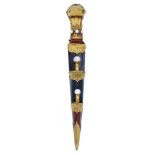 A 19th century Scottish gold and agate kilt pin, in the form of a dirk, set with vari-coloured ag...